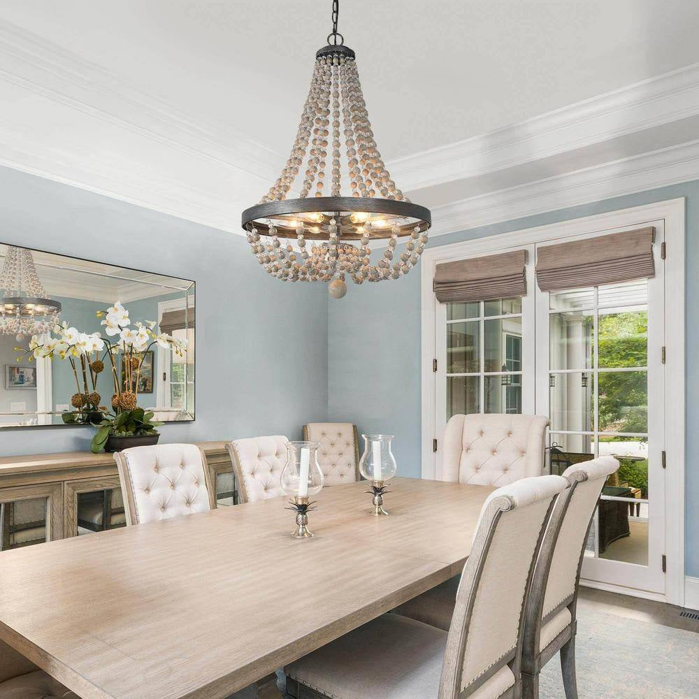 Farmhouse Brushed Black Crystal Beaded Chandelier 6-Light Wood Island Basket Pendant Lighting for Dining Room