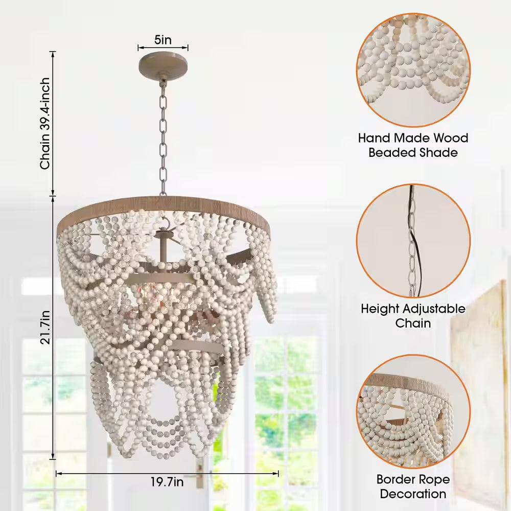 Hatfield 4-Light Bohemia Style Natural Wood Beaded Tiered Chandelier with Rope Accents