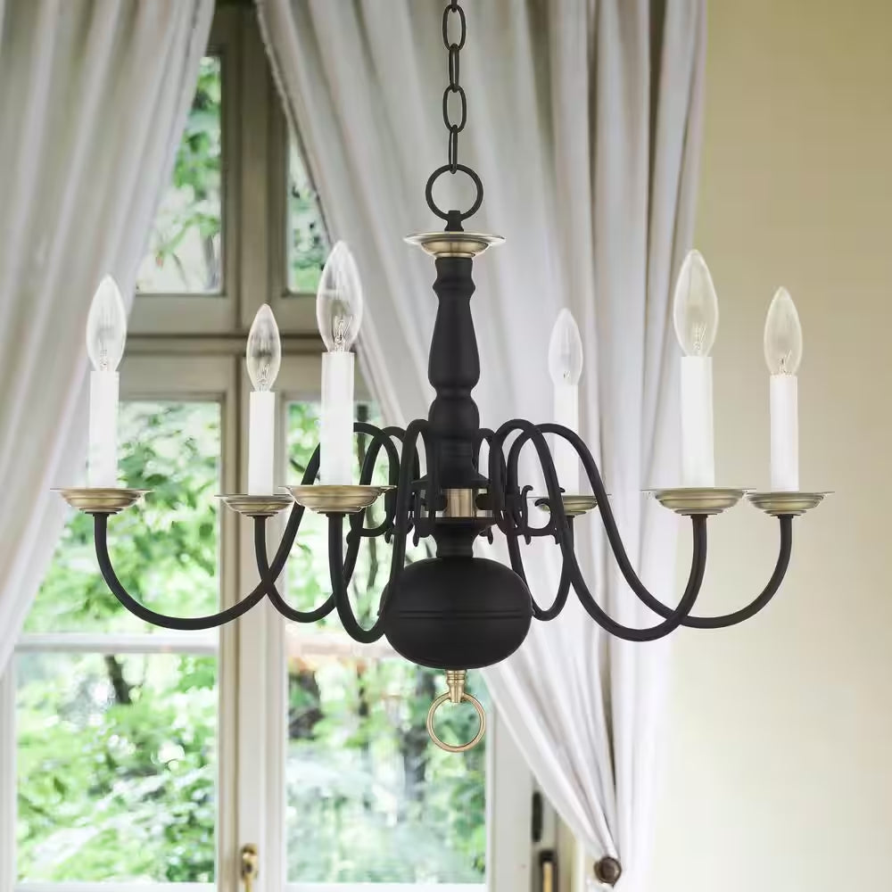 Yorkhaven 6-Light Black with Antique Brass Accents Chandelier