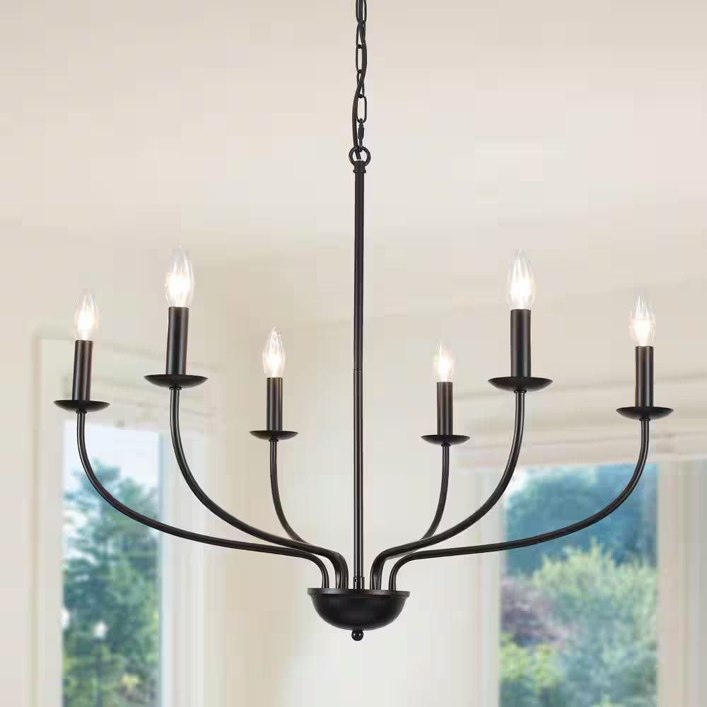 6-Light Black Linear Chandelier for Dining Room, French Country Candlestick Chandelier