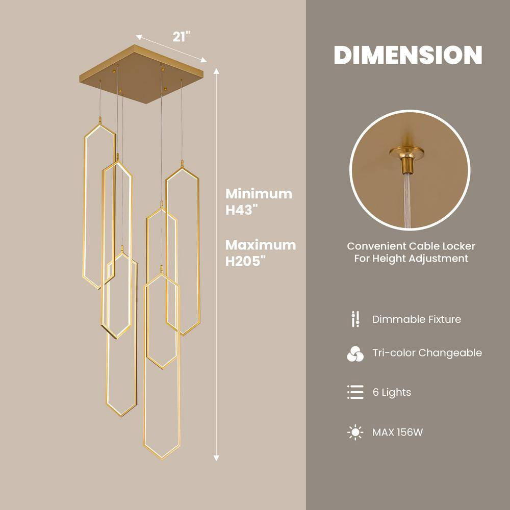6-Light Modern Dimmable Integrated LED Geometric Gold Chandelier High Ceiling Chandelier for Staircase Foyer Living Room