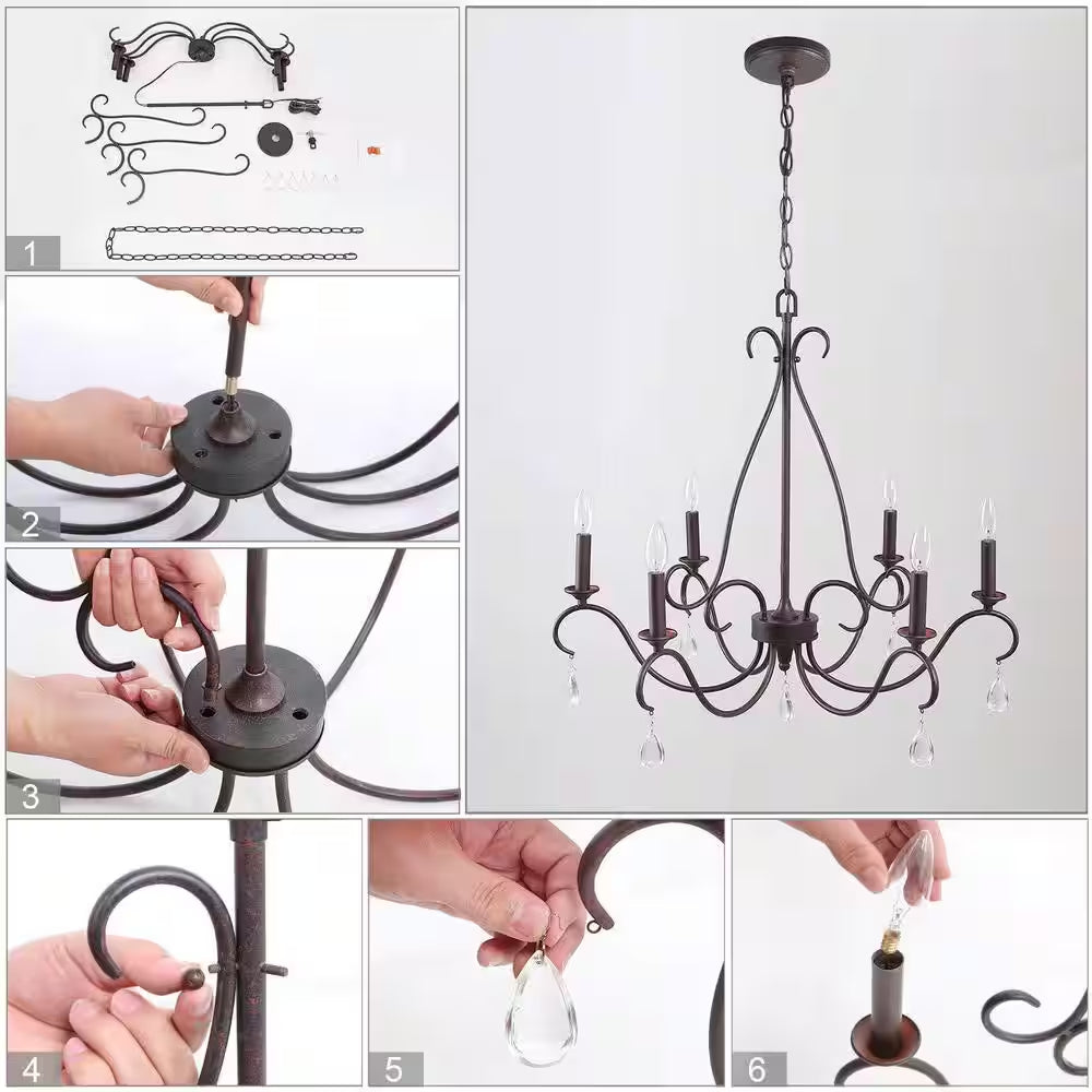 28 In. 6-Light Rusted Bronze Classic Candlestick Chandelier with Crystal Drops Modern Farmhouse Island Pendant