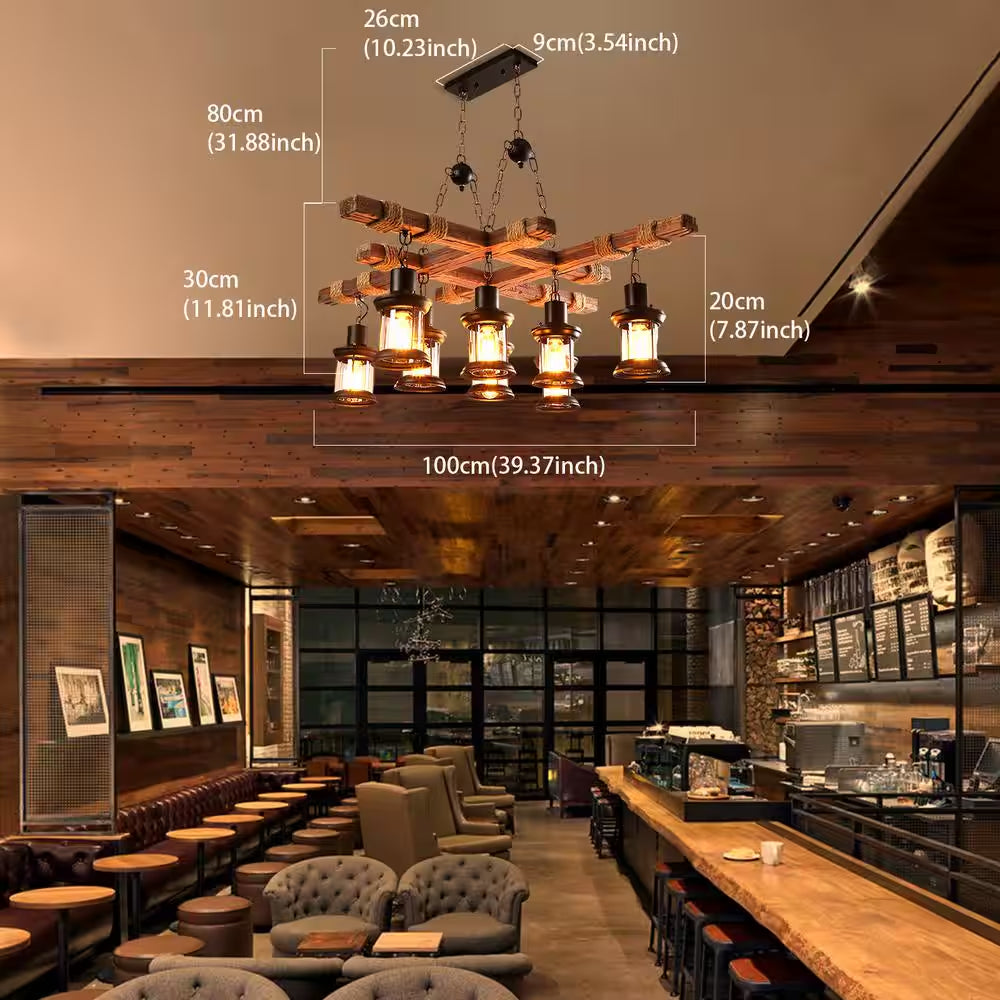 39 In. 8-Light Vintage Industrial Brown Wooden Farmhouse Chandelier