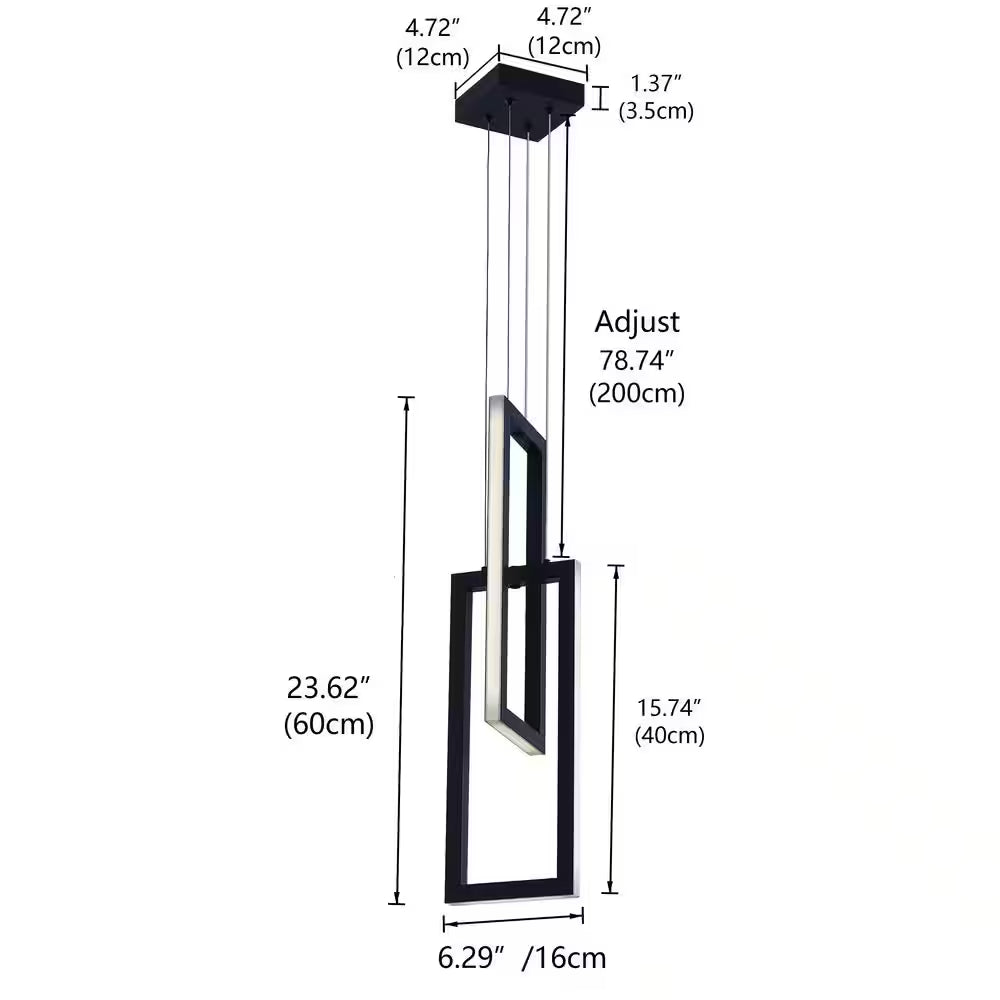 32-Watt 2-Light Square Black Integrated LED Pendant Light Adjustable Contemporary Chandelier