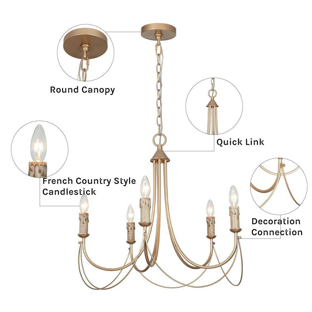 Modern Satin Gold French Country Farmhouse 5-Light Chandelier Vintage Candlestick High Ceiling Light