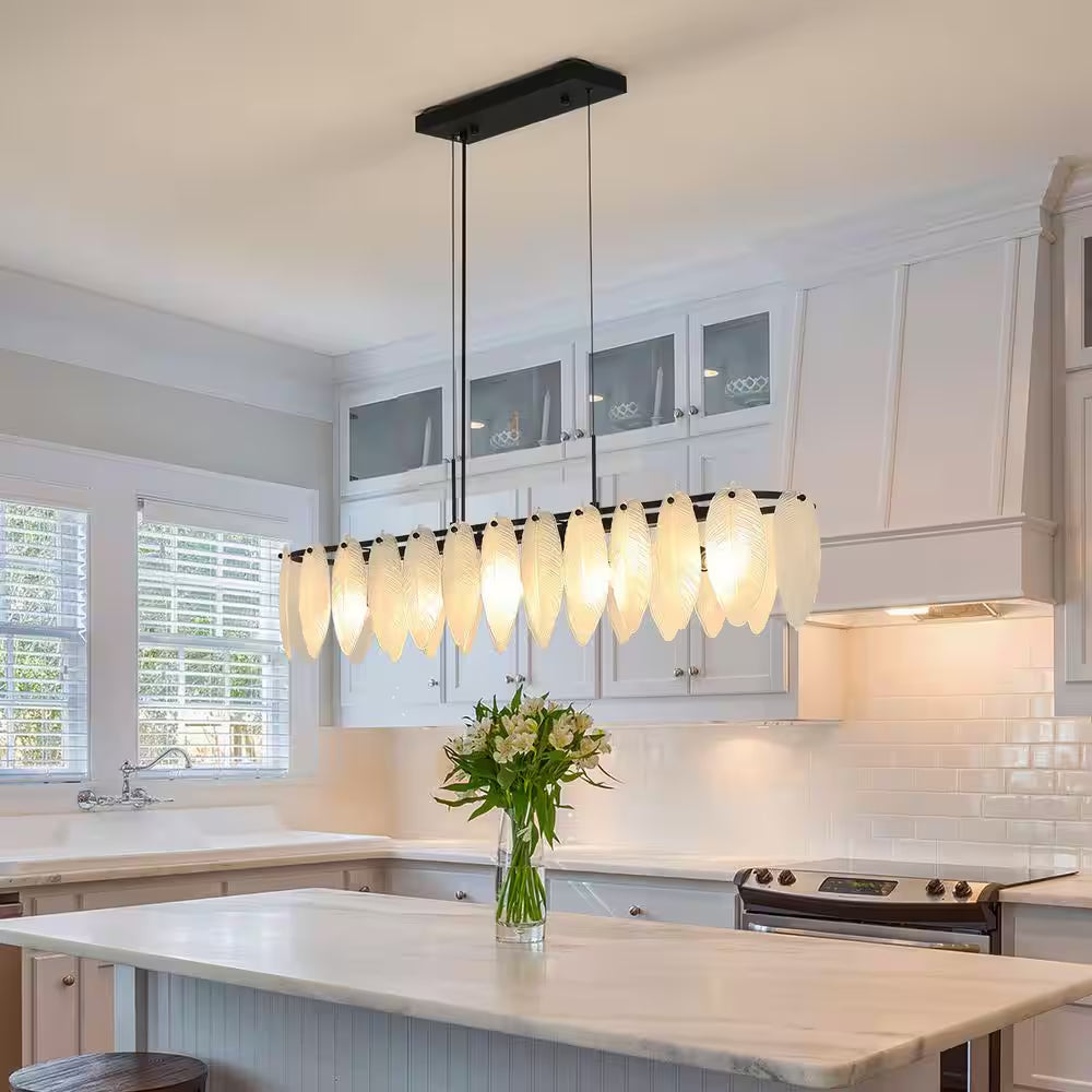 5-Light Black and Frosted Glass Leaf Linear Chandelier for Kitchen Island Dining Bedroom Living Room Foyer