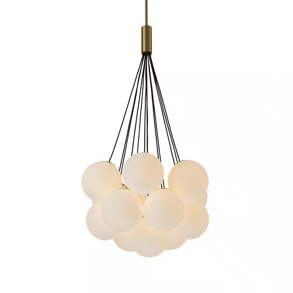 Galaxy Modern Globefoyer Chandelier 13-Light 19.7 In. W Antique Brass Cluster Bubble Chandelier with Opal Glass Shade