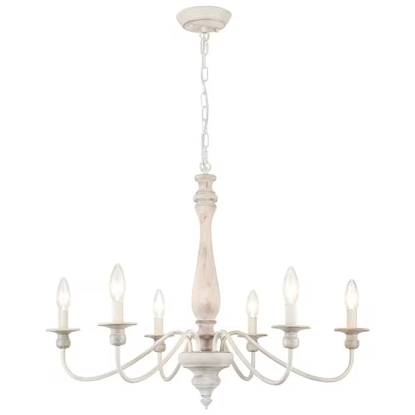 6-Light Vintage Beige Farmhouse Wood Candle Chandelier French Country Style Pendant Light