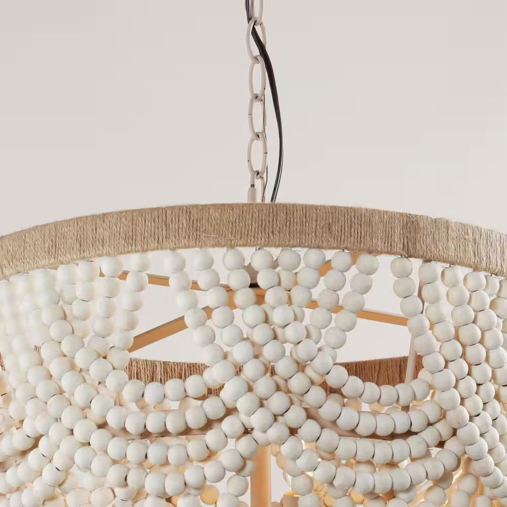 Modern Boho Dining Room Chandelier 4-Light Distressed White Island Chandelier with Wood Beads and Rope