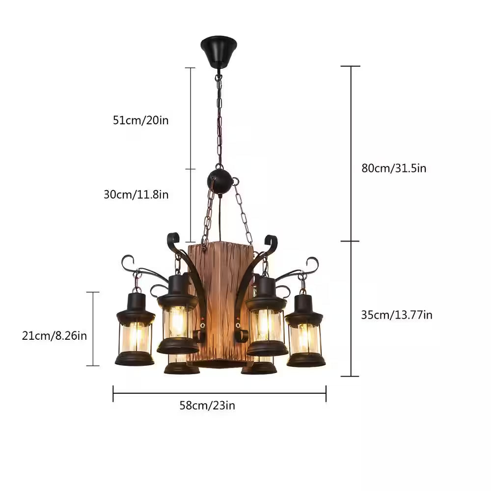 23 In. 6-Light Black Retro Rustic Wooden Chandelier for Dining Room, No Bulbs Included