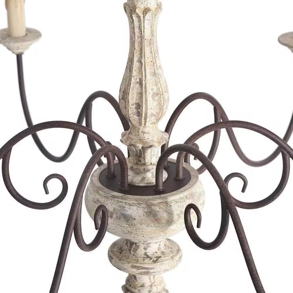 37 In. W Wood Candlestick Chandelier 6-Light Distressed White Farmhouse Chandelier Living Room with French Country Flair