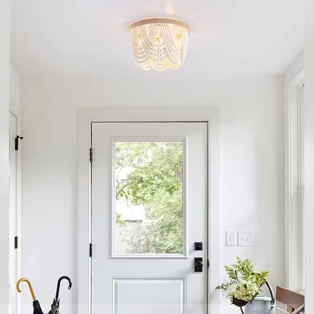 12.6 In. 3-Light Antique Rustic White Flush Mount Bohemia Wood Beaded Ceiling Light Mini Chandelier