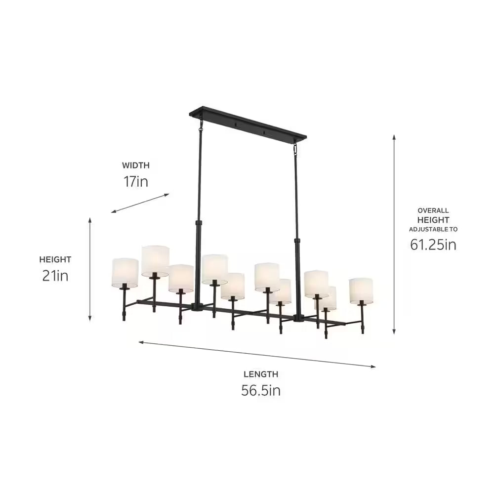 Ali 56.5 In. 10-Light Black Traditional Shaded Linear Chandelier for Dining Room