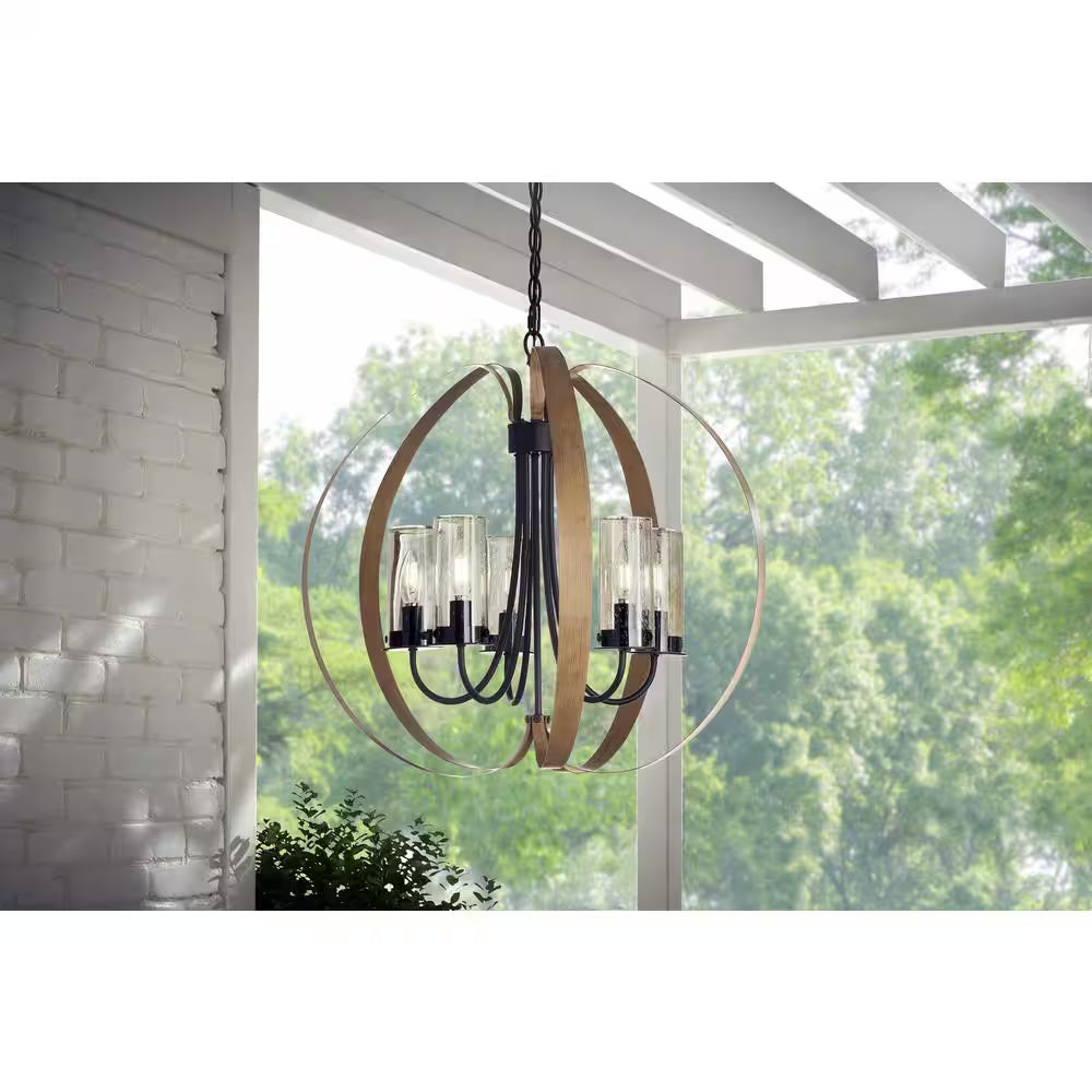 Ellena 5-Light Matte Black and Maple Tone Outdoor Chandelier with Seedy Glass