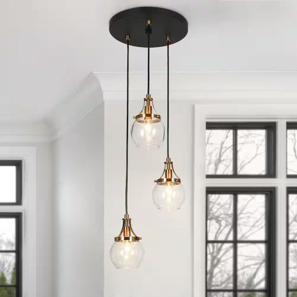 Transitional 3-Light Black and Plated Brass Cluster Chandelier with Clear Globe Glass Shade Foyer Hanging Pendant