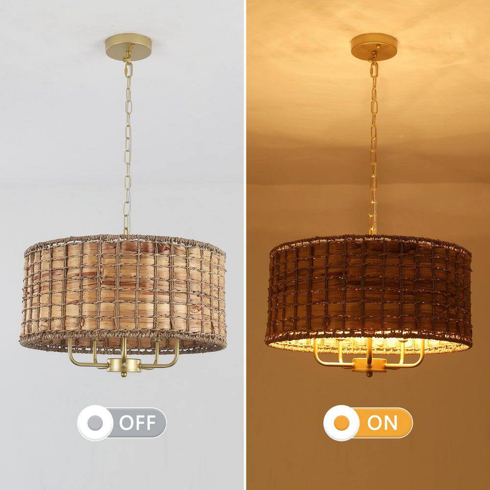 5-Light Gold Drum Bohemian Chandelier with Hand Woven Shade