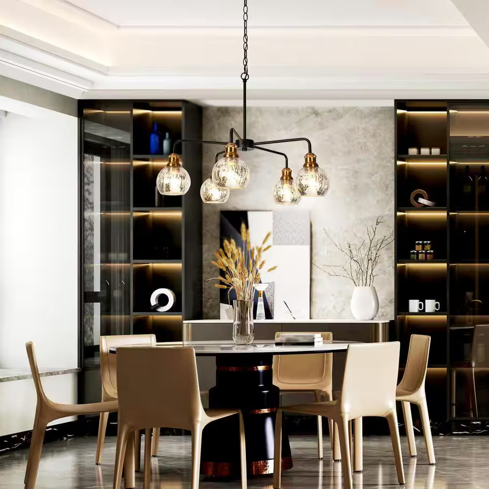 Transitional Dining Room Candlestick Chandelier 5-Light Black and Brass Chandelier with Mercury Glass Shades
