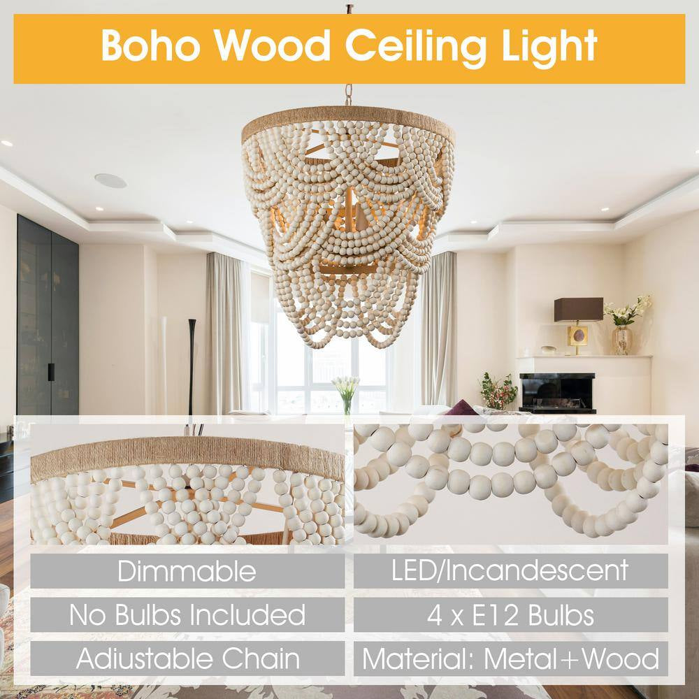 Modern Boho Dining Room Chandelier 4-Light Distressed White Island Chandelier with Wood Beads and Rope
