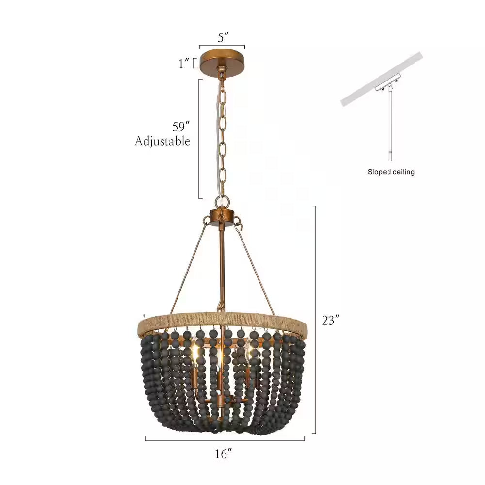 Modern Farmhouse Empire Drum Beaded Chandelier Light, 3-Light Gold Transitional Boho Chandelier with Black Wood Beads