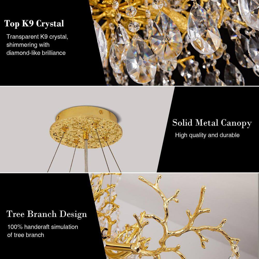 14-Lights Gold Luxury Crystal Linear Chandelier, Modern Tree Branch Chandelier for Dinning Room, Kitchen, Living Room