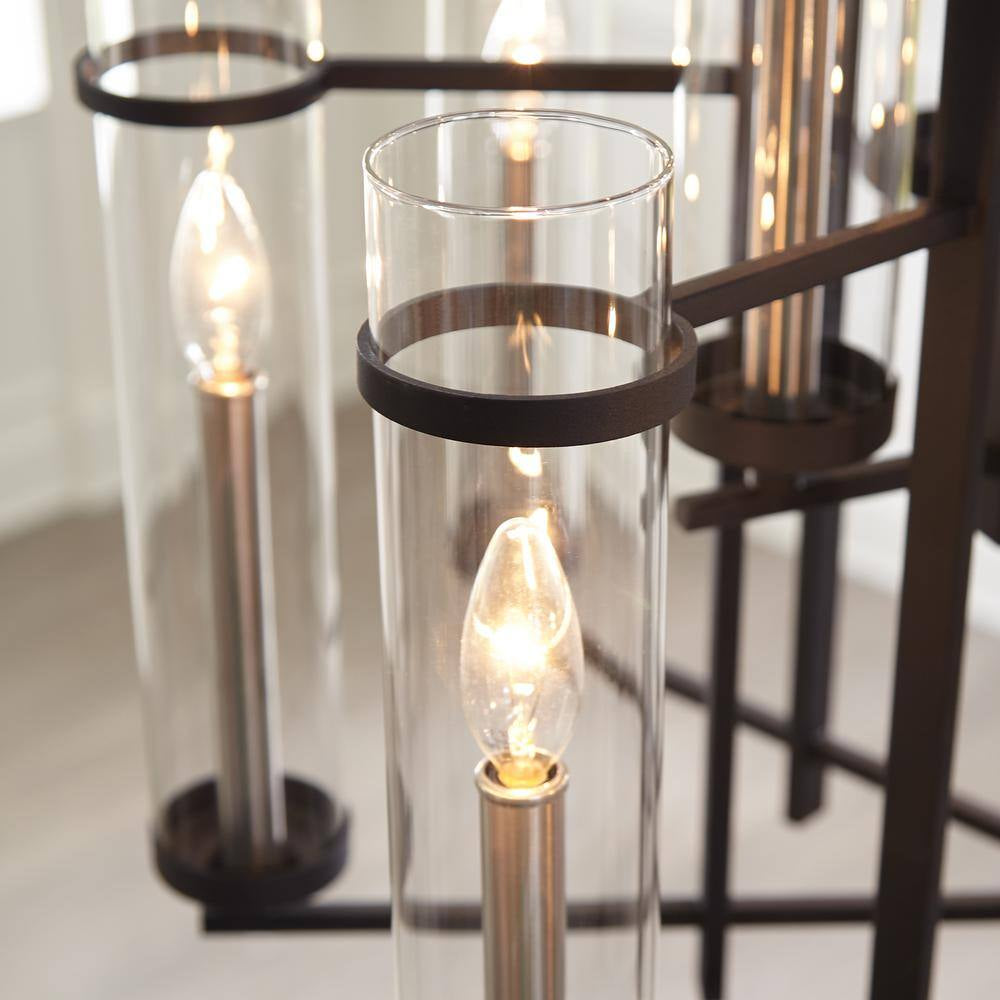 Ethan 12-Light Antique Forged Iron/Brushed Steel Contemporary Industrial Multi-Tier Hanging Candlestick Chandelier