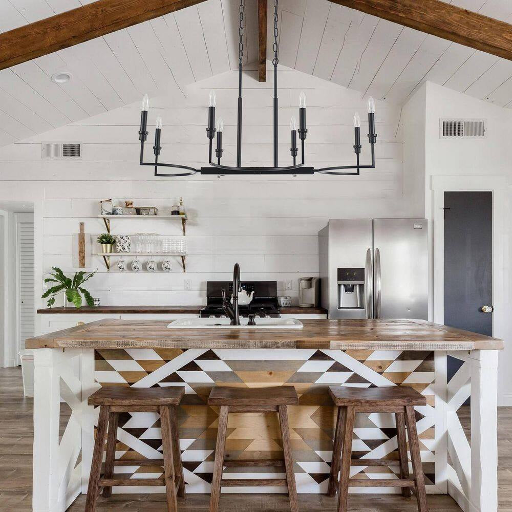 Industrial 8-Light Black Linear Classic-Candle-Style Chandelier for Kitchen Island with No Bulbs Included