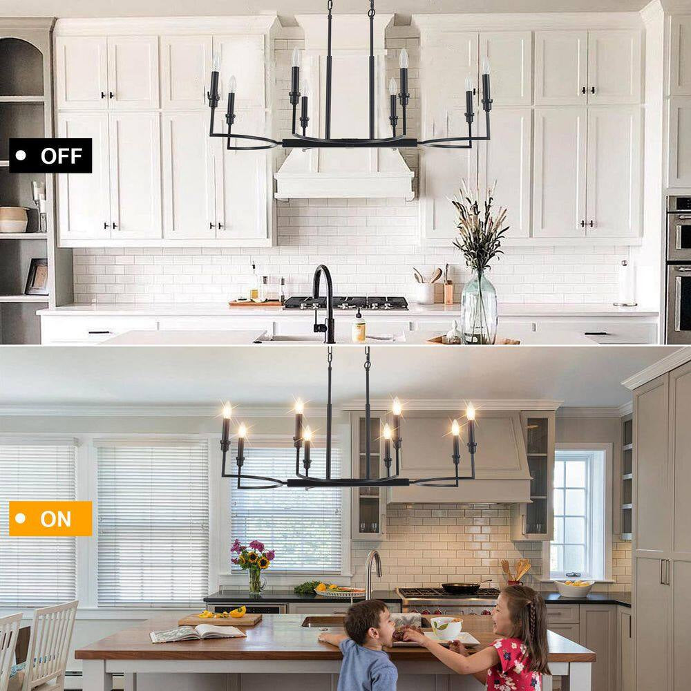 Industrial 8-Light Black Linear Classic-Candle-Style Chandelier for Kitchen Island with No Bulbs Included