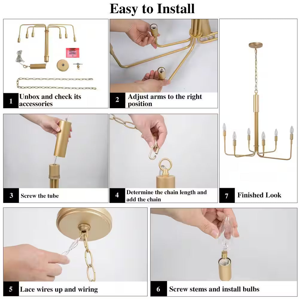 Modern 6-Light Gold Asymmetric Candlestick Chandelier Contemporary Pendant Lighting for Dining Room Kitchen Living Room