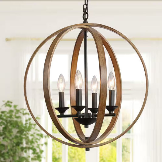 Farmhouse Black Chandelier Globe Cage Candlestick 4-Light Rustic Island Pendant Chandelier with Faux Wood Accent