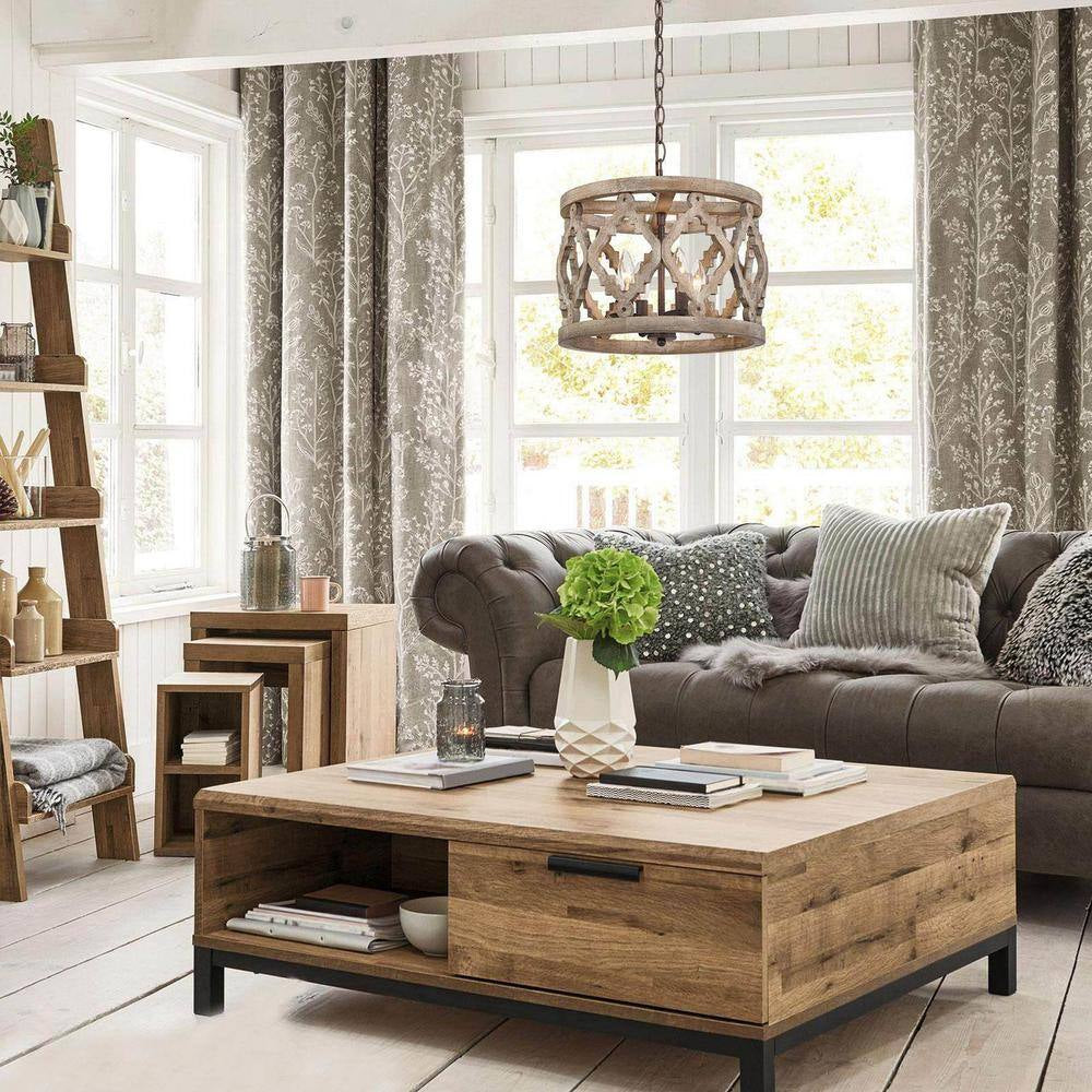 Rustic Bronze Farmhouse Drum Island Chandelier with Solid Wood Cage Shade Classic Candlestick Chandelier 4-Light Pendant