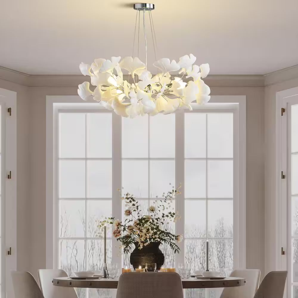6 Light Silver Chandelier, Luxury Ginkgo Branch Chandelier for Living Room, Dining Room, Foyer, Kitchen Island-L31 In.