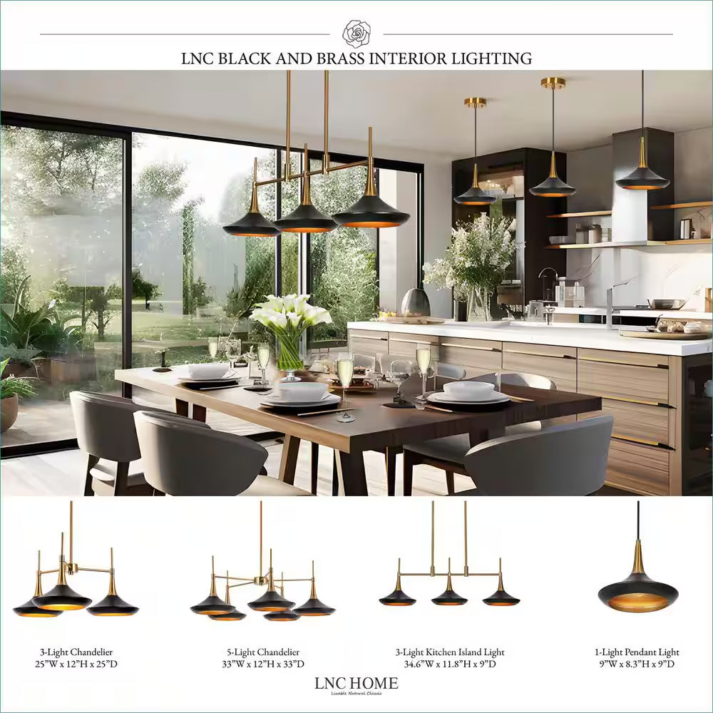 Contemporary Black Mid Century Chandelier with Metal Barn Shades Plating Brass/Gold Accent 5-Light Modern Large Pendant