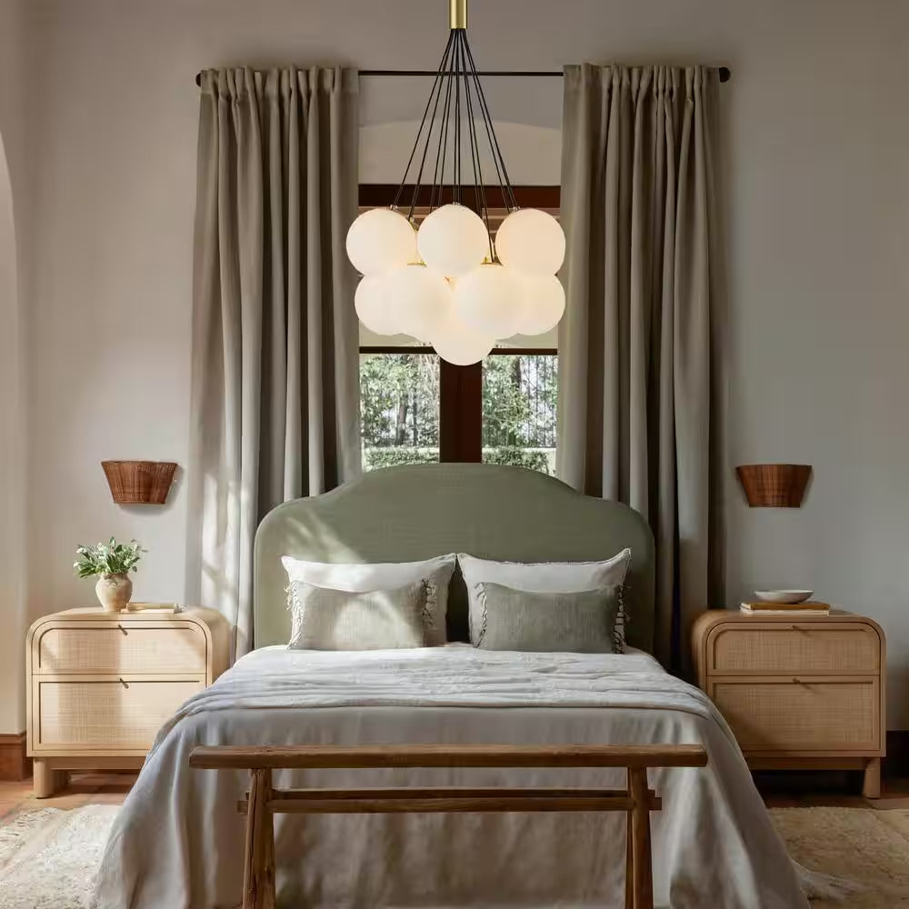 Galaxy Modern Globefoyer Chandelier 13-Light 19.7 In. W Antique Brass Cluster Bubble Chandelier with Opal Glass Shade