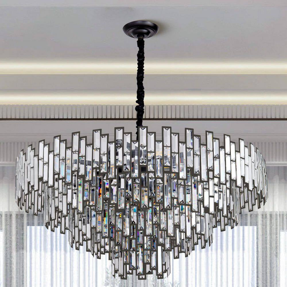 38.5 In. Modern Chandelier 26-Light 5-Tier Black round K9 Crystal Chandelier for Dining Room Living Room Entryway, Foyer