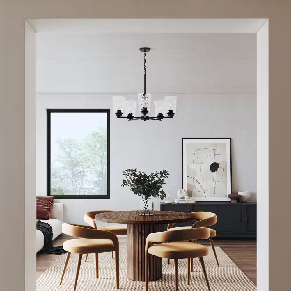 Mauzy Collection 5-Light Matte Black Transitional Chandelier with Clear Water Glass Shade for Dining Room