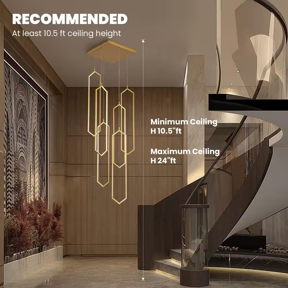 6-Light Modern Dimmable Integrated LED Geometric Gold Chandelier High Ceiling Chandelier for Staircase Foyer Living Room