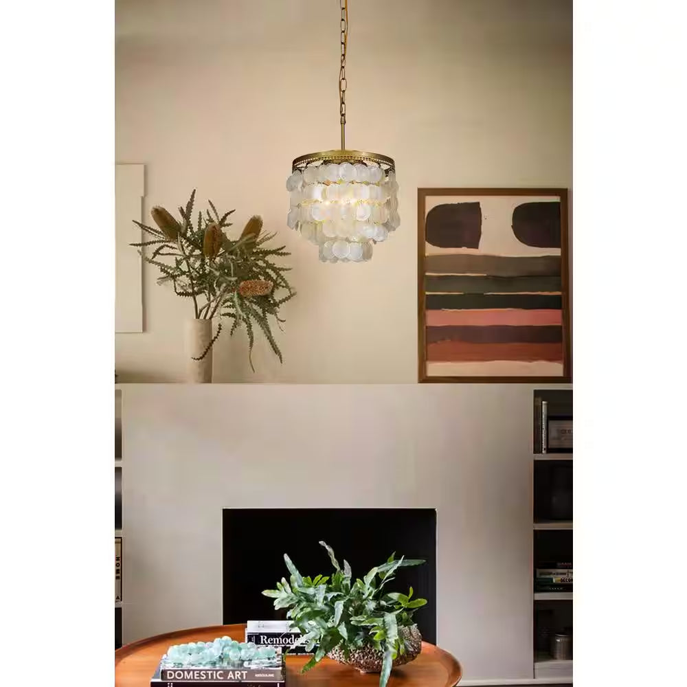 3-Light 13 In. Small Coastal Seashell Chandelier in Paintd Brass Farmhouse Pendant Light for Dining Room