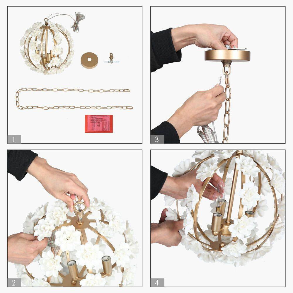 3-Light Gold Globe Chandelier with White Ceramic Flowers