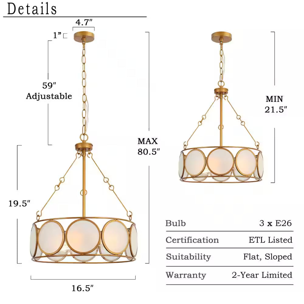 3-Light Antique Gold Modern Pendant Light, Frosted Glass round Chandelier, Transitional Dining Room Drum Chandelier
