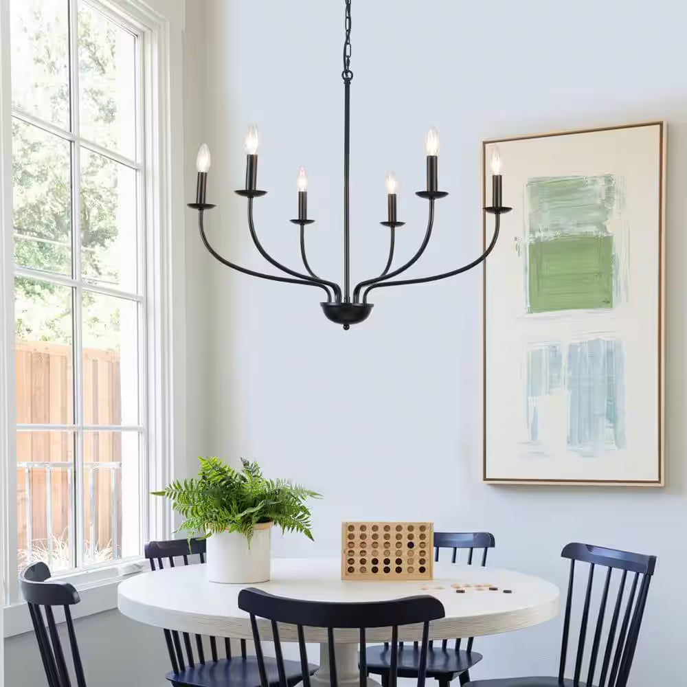 6-Light Black Linear Chandelier for Dining Room, French Country Candlestick Chandelier