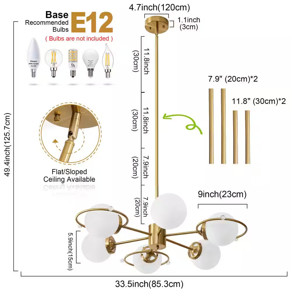Modern 6-Light Gold Sputnik Chandeliers with Milk White Glass Shade and Height Adjustable, Bulbs Not Included