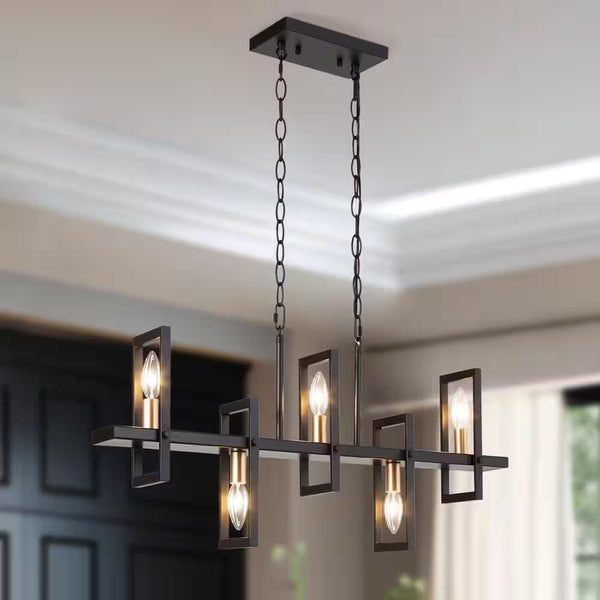 Modern Rectangle Dining Table Chandelier Transitional 5-Light Black and Brass Kitchen Island Candlestick Chandelier