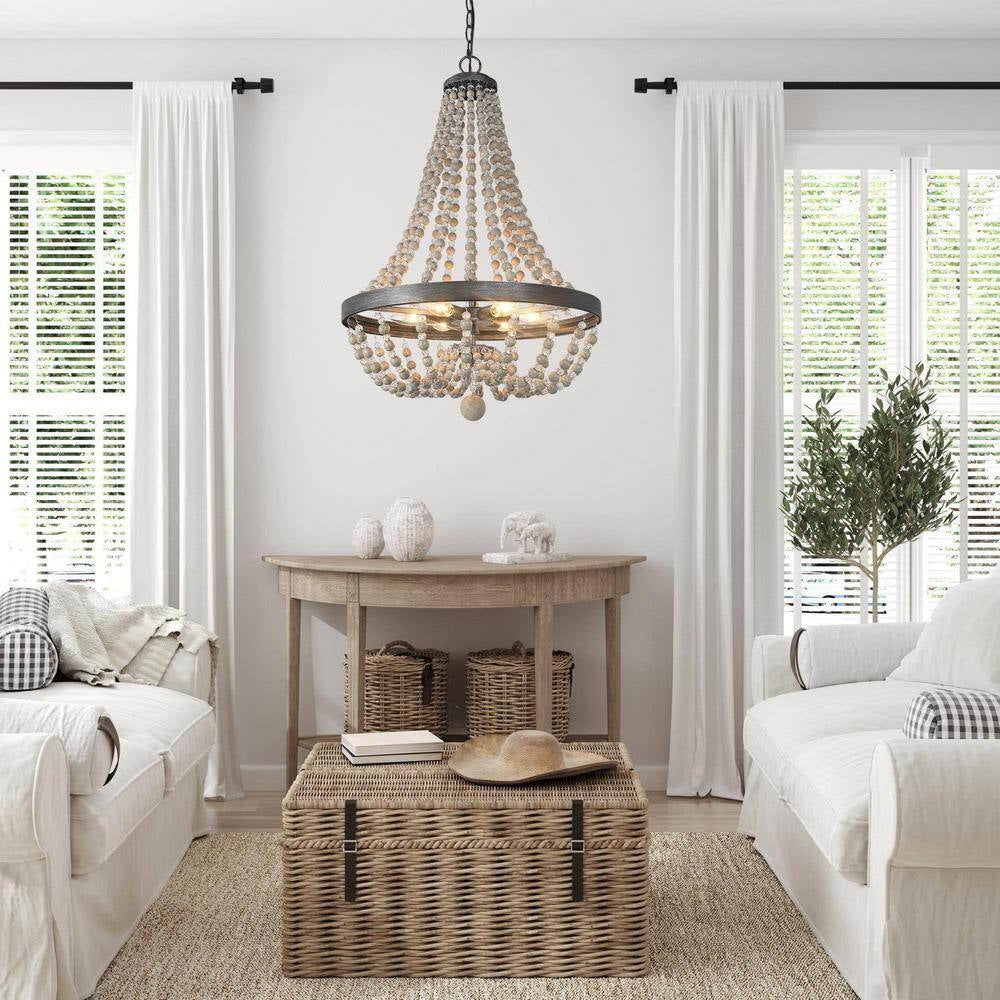 Farmhouse Brushed Black Crystal Beaded Chandelier 6-Light Wood Island Basket Pendant Lighting for Dining Room
