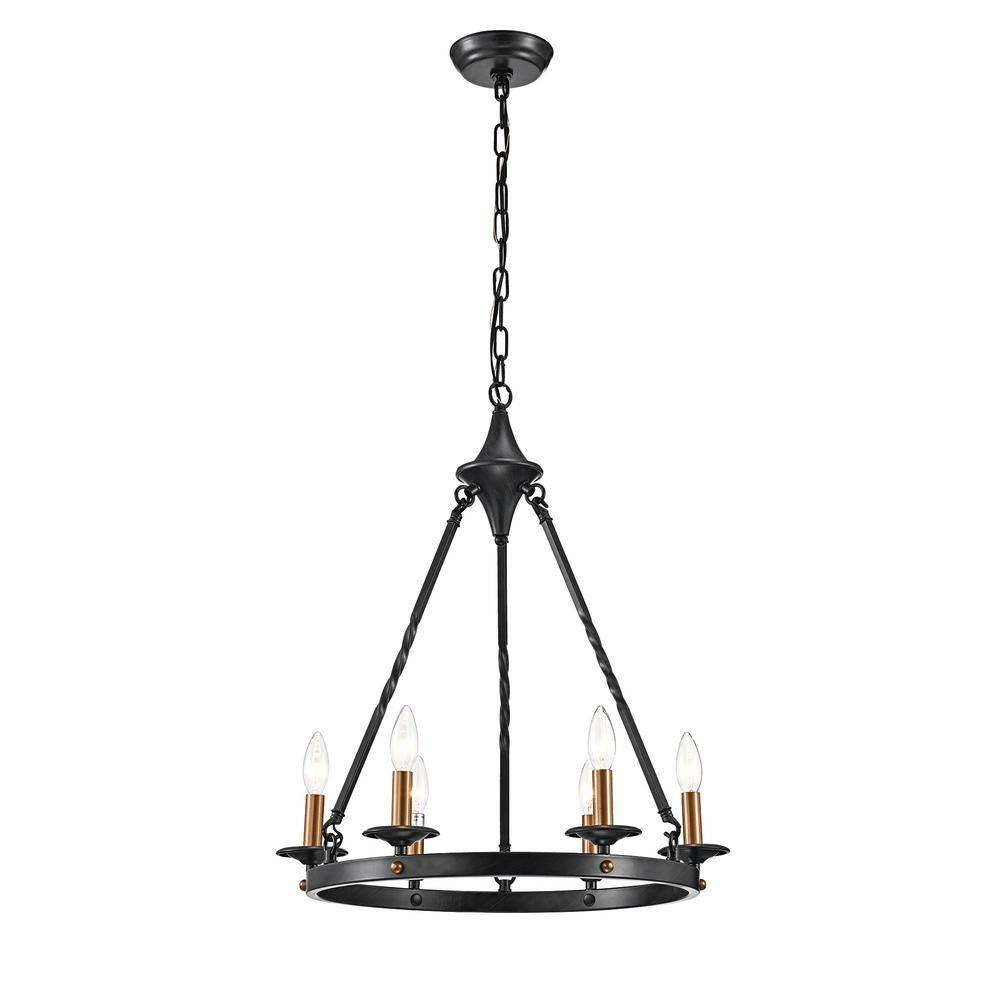 Hartwell 6-Light Antique Black Modern Farmhouse round Candlestick Chandelier with Brass Candle Sleeves