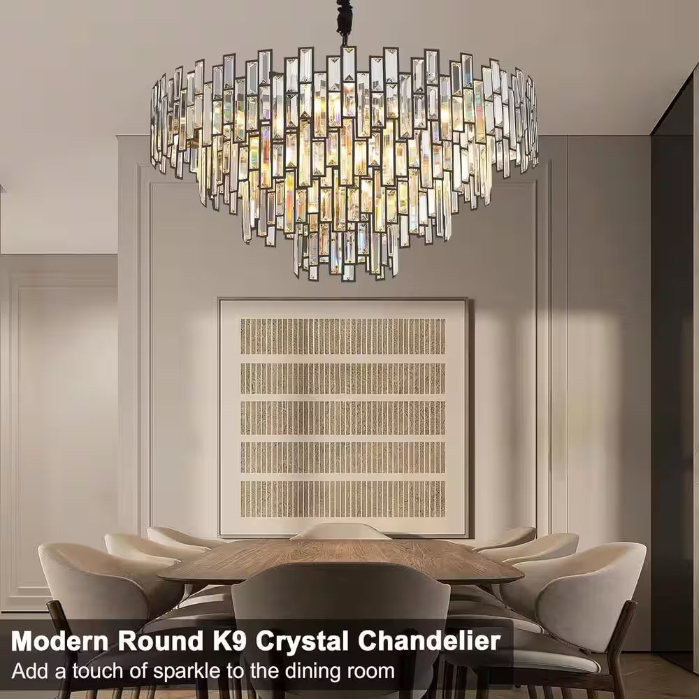31.5" Modern Chandelier 19-Light 4-Tier Black round K9 Crystal Chandelier for Dining Room,Living Room,Entryway and Foyer