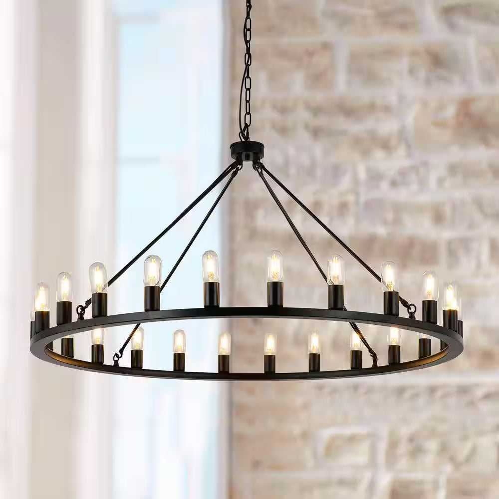 Industrial 24-Light Vintage Black Wagon Wheel Chandelier
