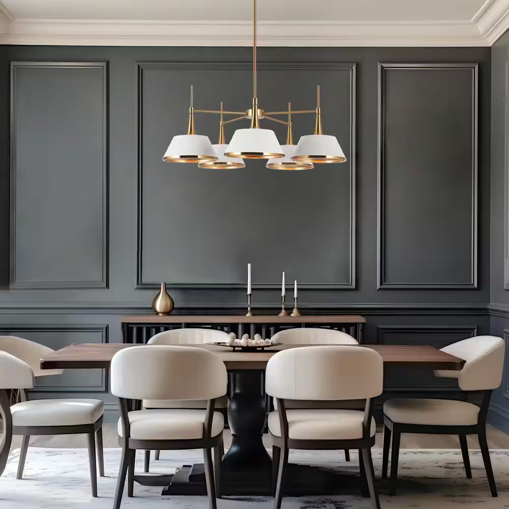 Modern 5-Light Matte White and Plated Brass Chandelier Contemporary Island Ceiling Light with Bell Shade for Living Room