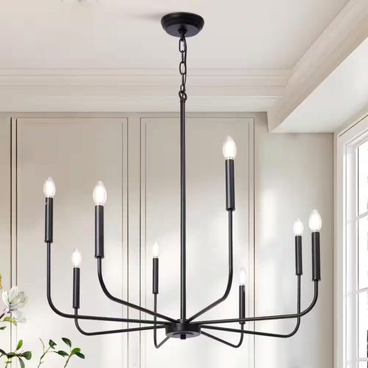 Industrial 31.5 In. 8-Light Black Candlestick Chandelier for Living Room Dining Room Modern Cottage Large Ceiling Light