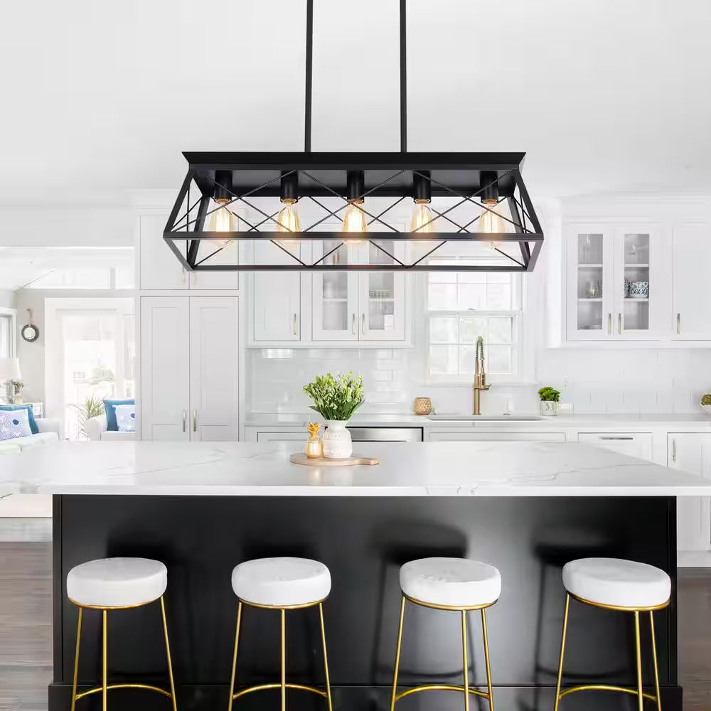 Industrial Series 5-Light Chandelier, Matte Black Finish, Modern Shape, Suitable for Living/Dining Room