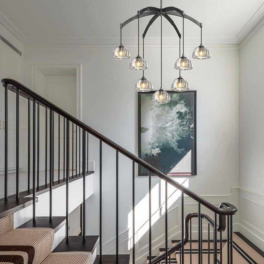 7 Light Hemisphere round Chandelier, 34 In. Black Dining Room Chandelier,Staircase Bedroom Chandelier, Modern Chandelier